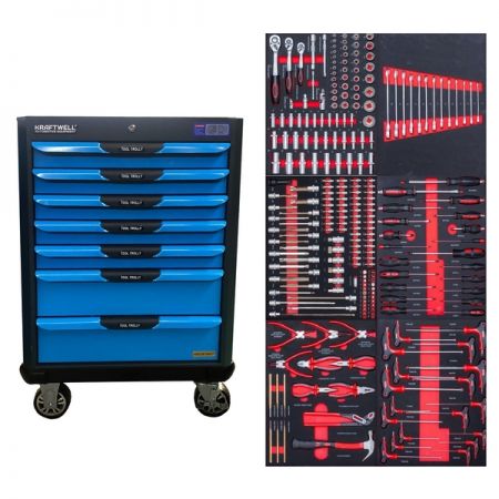 Тележка синяя с набором инструментов, 250 предметов, KraftWell KRW-TTB+SET250